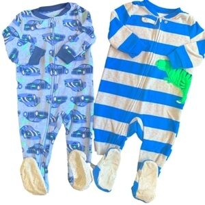 Carters Simple Joys Blue Green Striped Cars Fleece Onesie Footed Pajamas 12mos